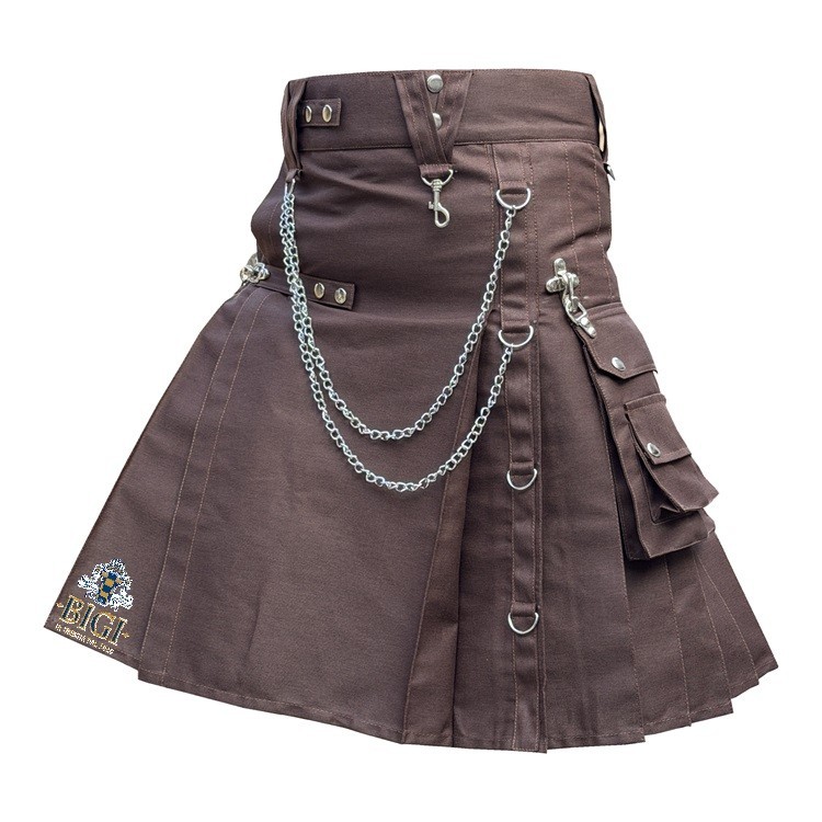 Men’s black hybrid utility kilt with nylon straps and brown inner pleats, custom