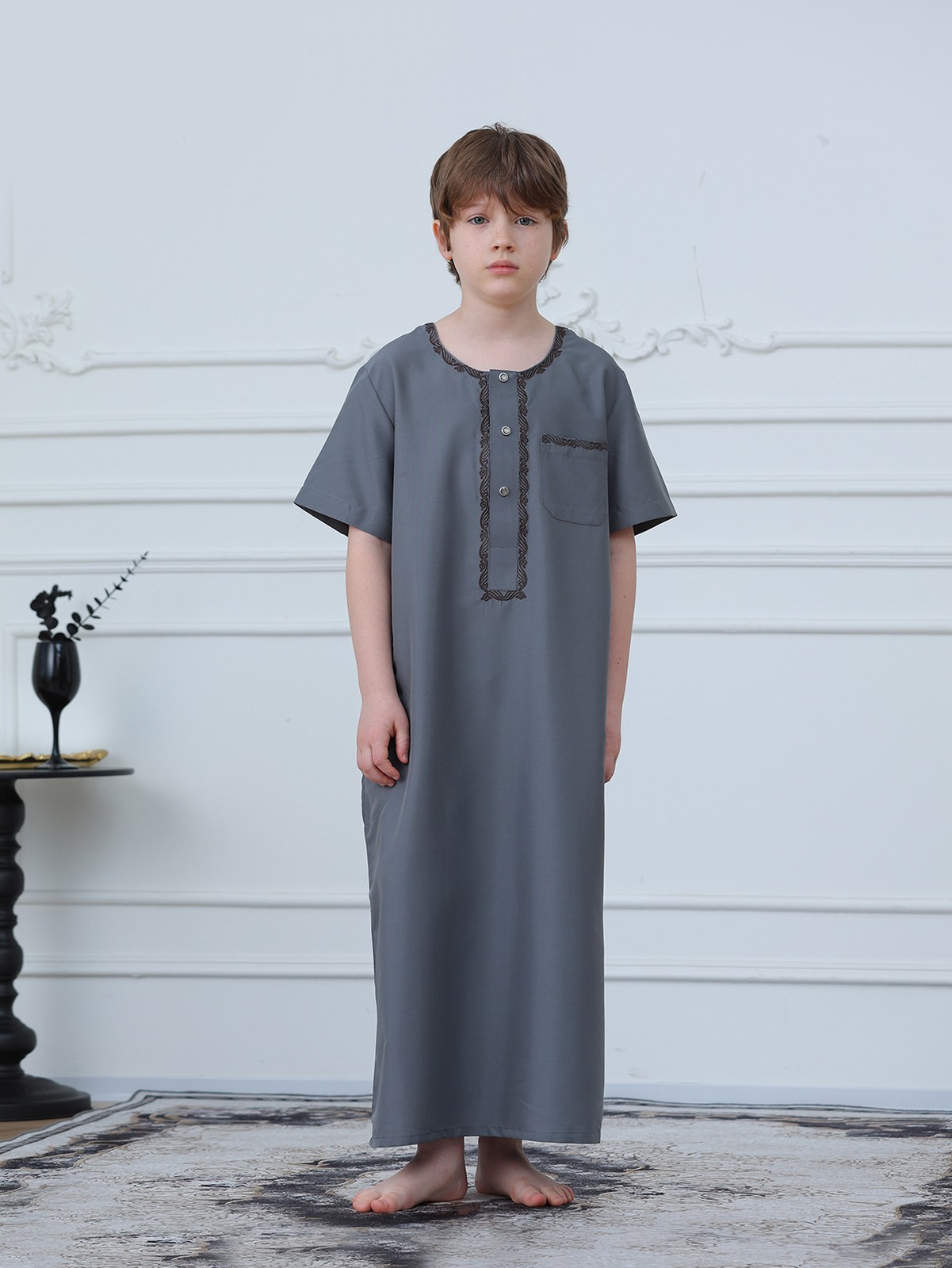 Saudi Arab Boys Thobe Jubba Long Sleeve Abaya Coat Simple Button Daily Wear Eid