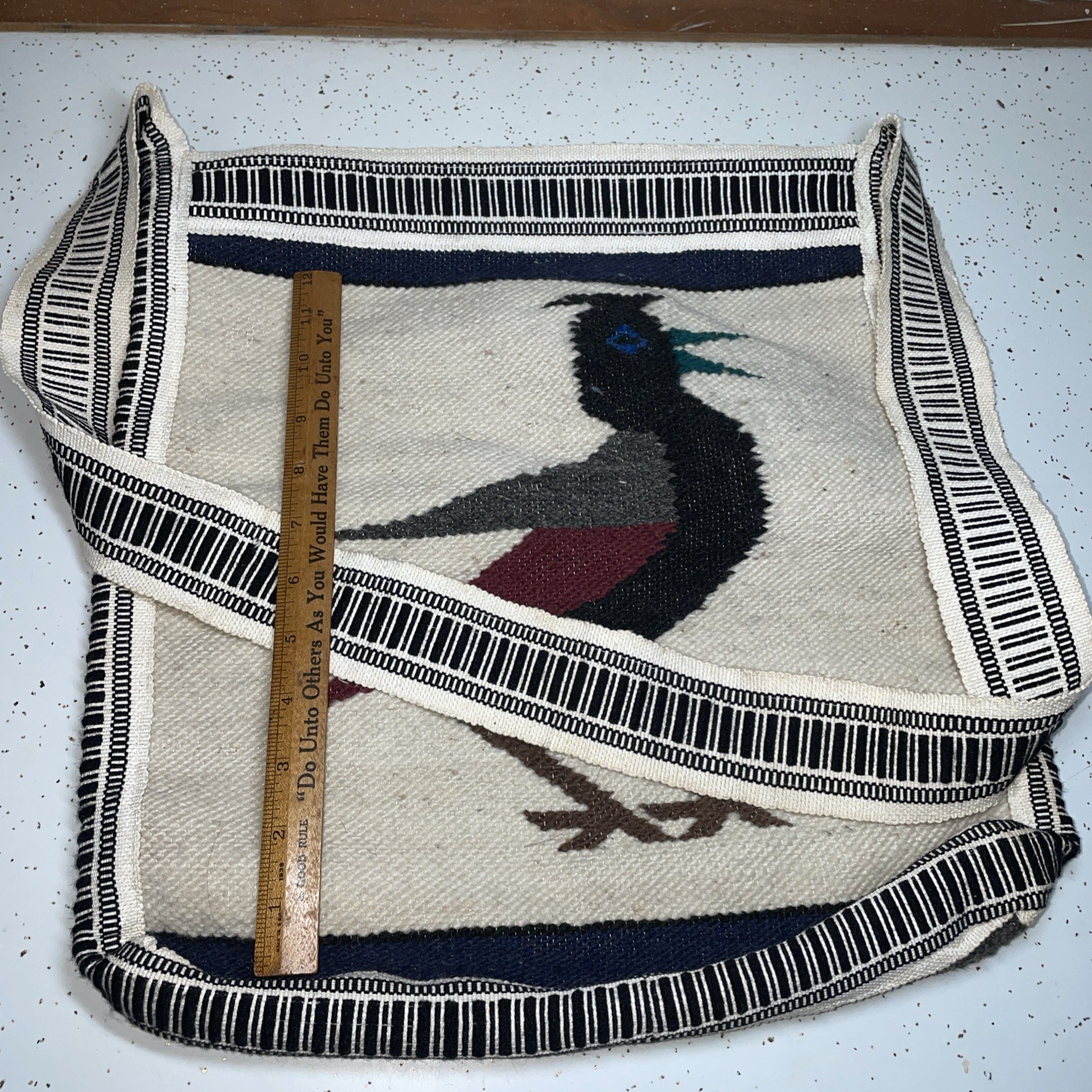 Tribal Threads With Bird crossbody Wool Zippered Purse Hand Woven Roadrunner