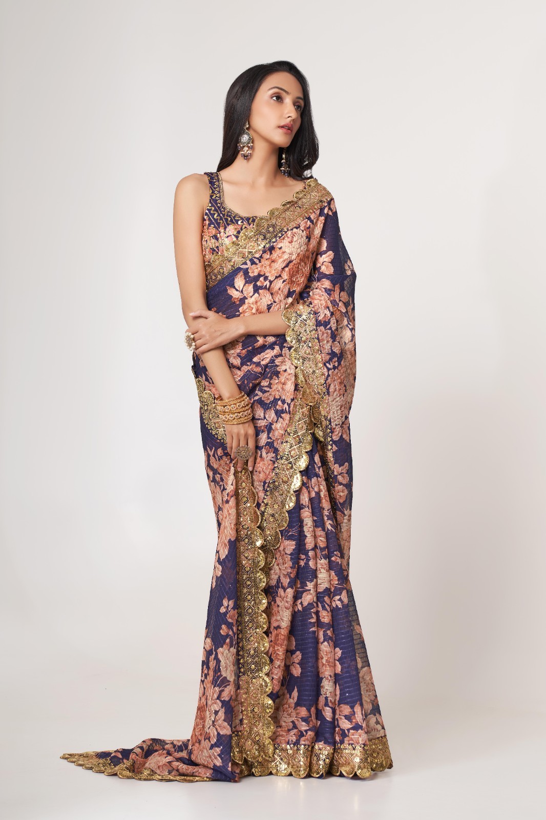 Purple Organza Saree Floral Sequins Embroidery Bollywood Saree