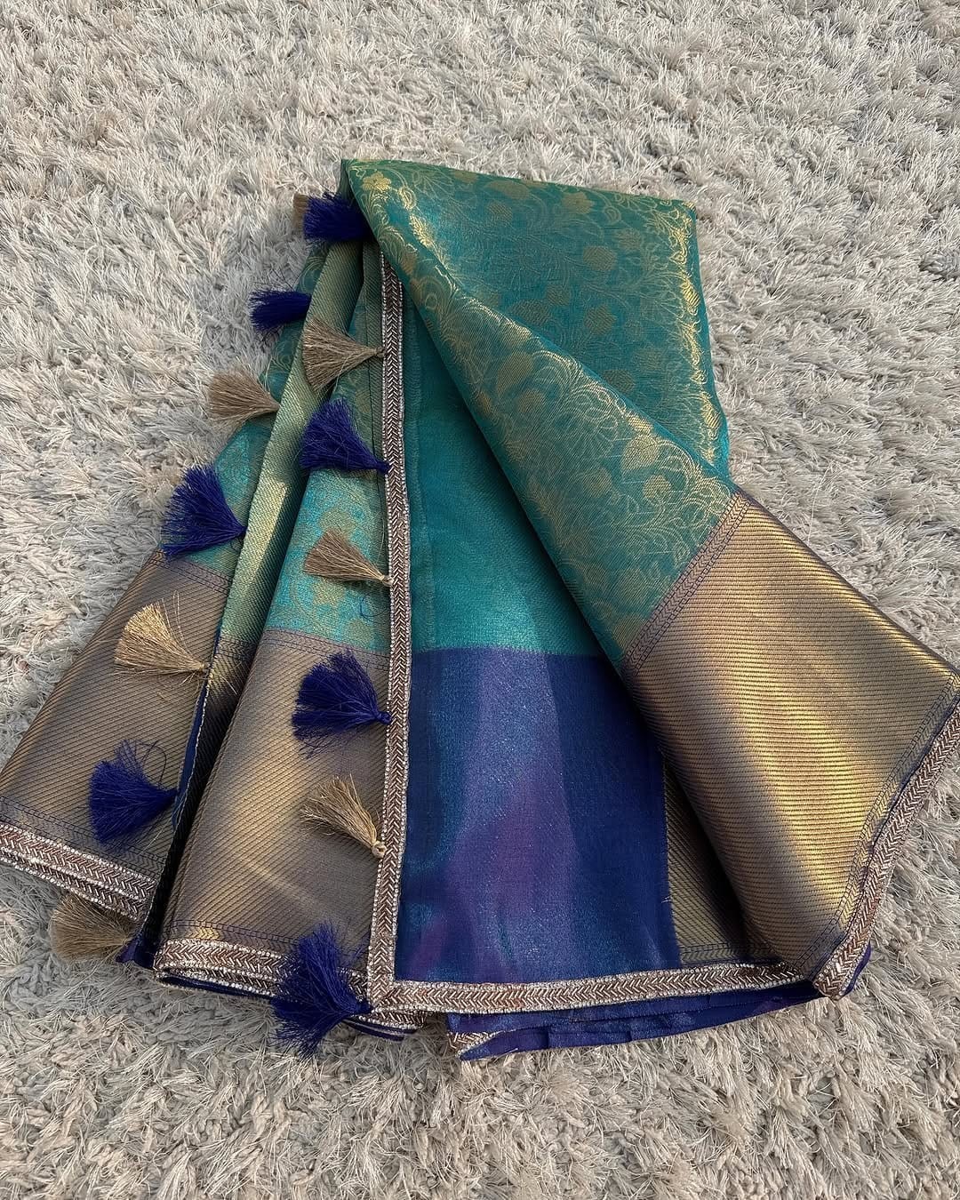 Designer Banarasi Kanchi Tissue Saree with Rich Weaving Pallu & Lace Border