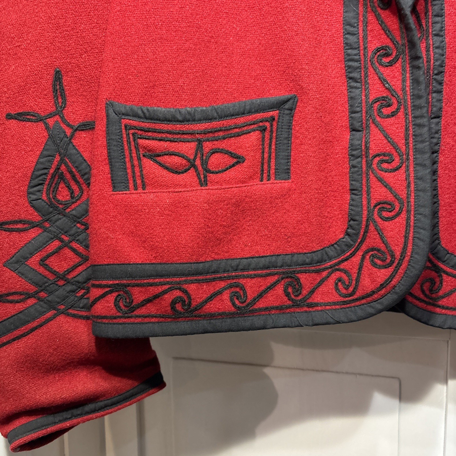 Vintage Guatemalan Red Solola Jacket Hand Woven Embroidered Wool Folk Art L