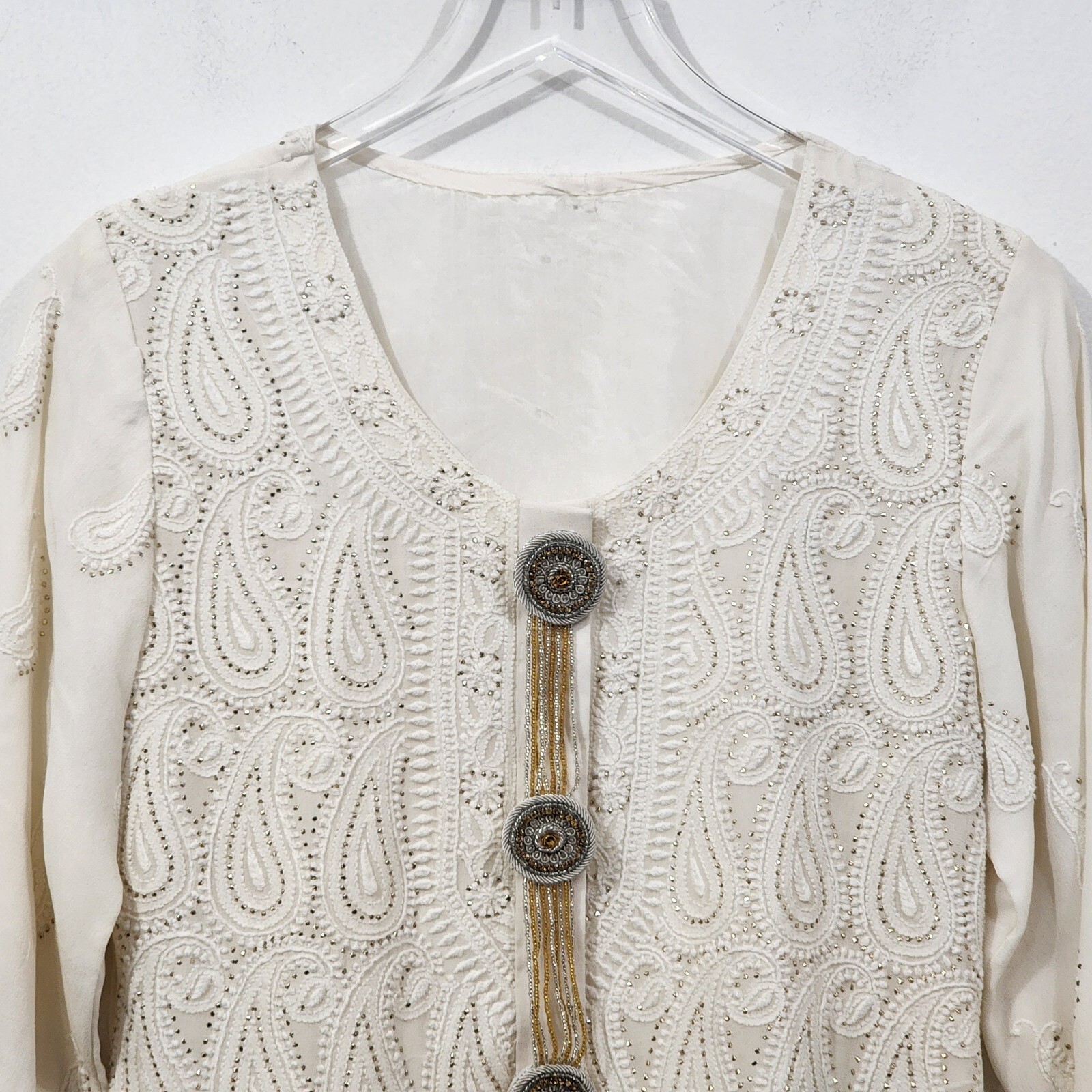 Cream Beaded Kurta Tunic Top 3/4 Sleeve Classic Traditional Women’s Size S