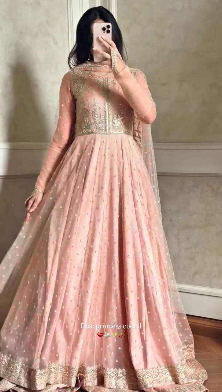 Attractive Look Faux Georgette Peach Gown Lehenga With Dupatta For Wedding Wear