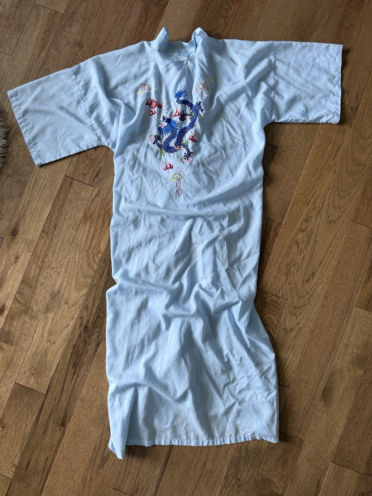 Health Label Vintage 1960s Dragon Asian Light Blue Embroidered Kimono Robe