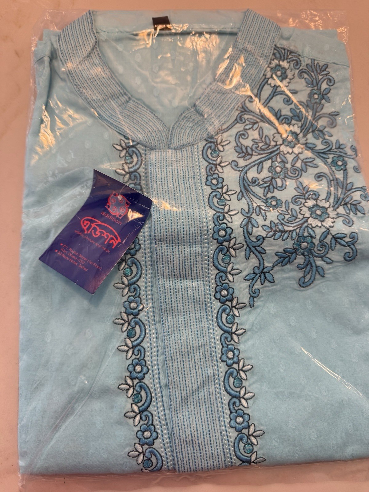 Addition Men’s Embroidered Kurta Sky Blue Floral Tunic Shirt Size 44 New