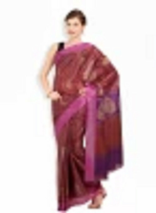 Pink/Purple/Gold Printed Light Weight Art Silk Saree w/ stitched falls & blouse