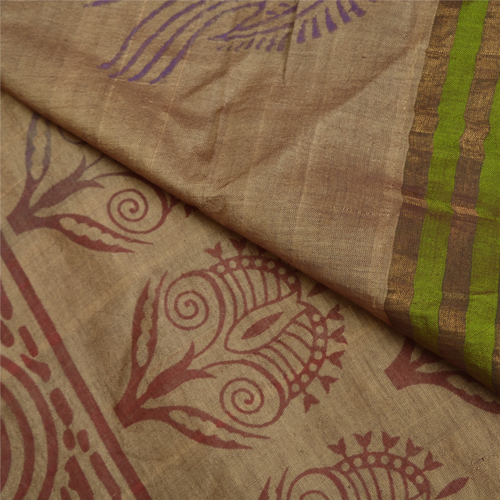 Sanskriti Vintage Brown Sarees Cotton Silk Hand-Block Printed Woven Sari Fabric