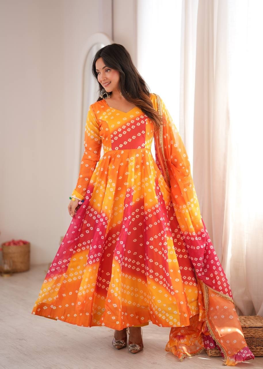 Printed Tabby Organza Gown Pant Dupatta Set Bandhani Flared Anarkali Suit Pack