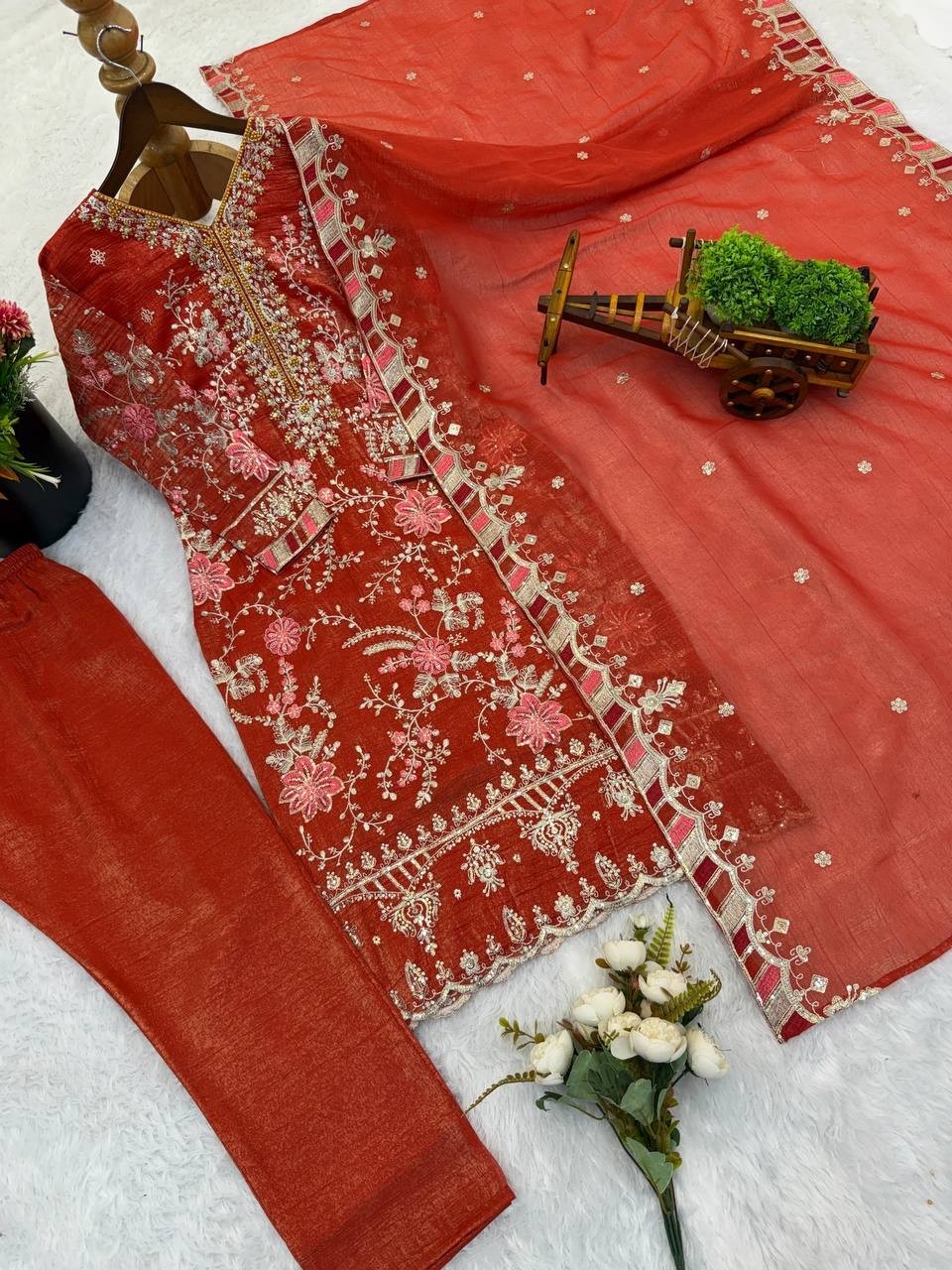 New Launch Orange Crunchy Silk Salwar Kameez With Dupatta For Function Wear