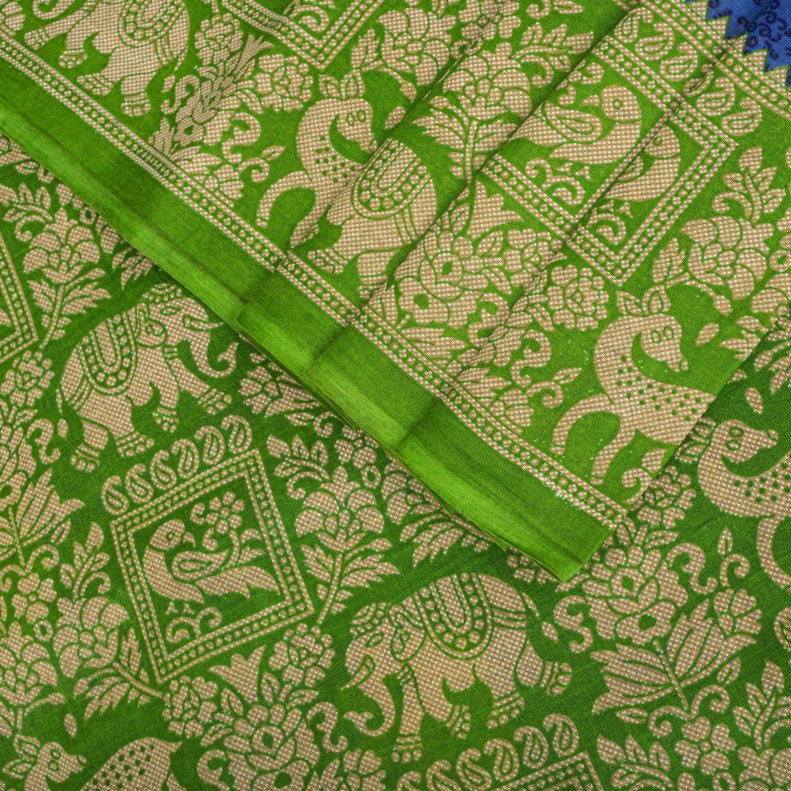 Sanskriti Vintage Saree Blue-Green Pure Cotton Animal Printed Craft Fabric Sari