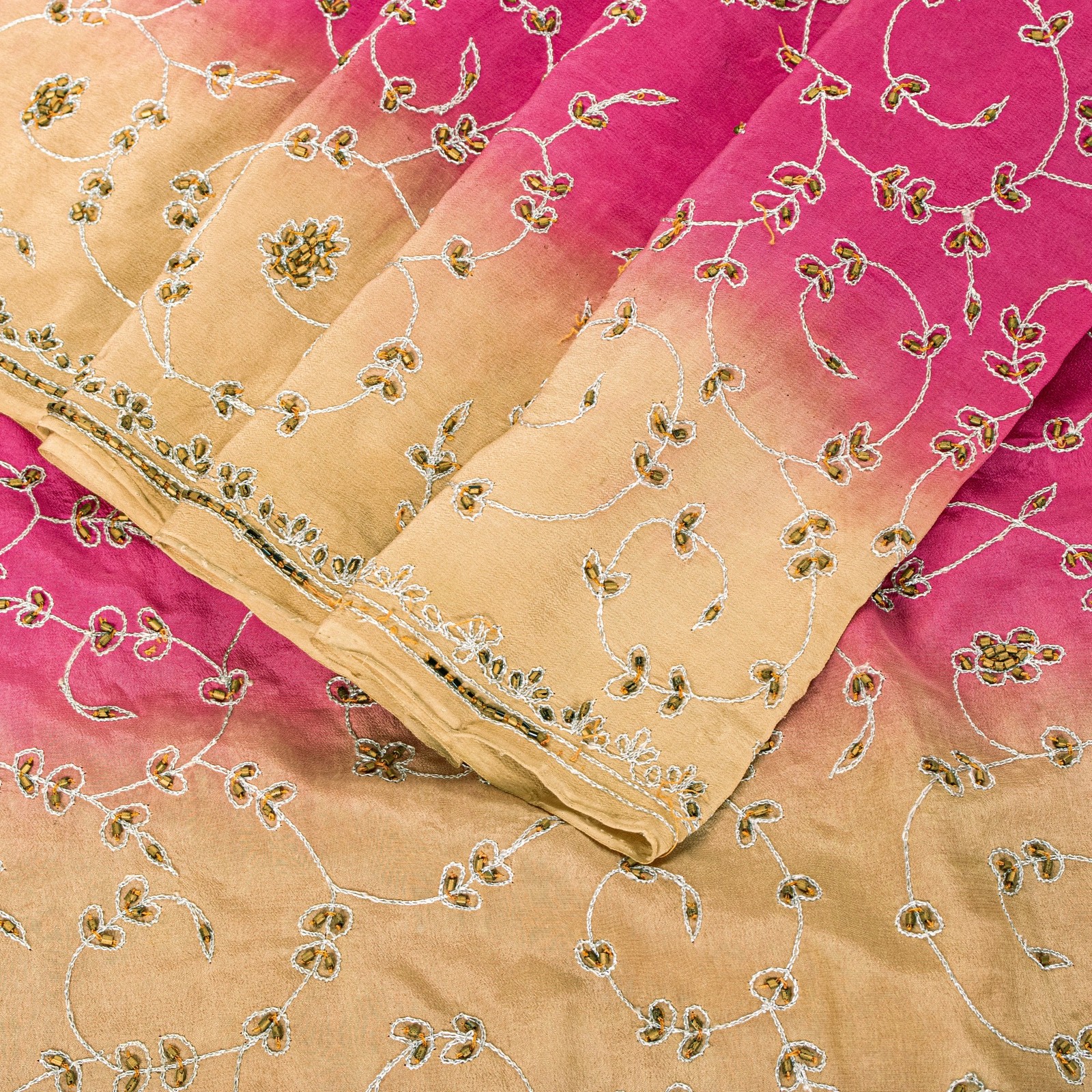 Sanskriti Vintage Pink Sari 100%Pure Crepe Silk Hand Beaded Sarees 5.5+Yd Fabric