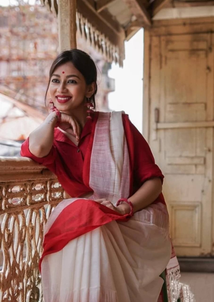 Indian Wedding Saree Red White Soft Linen Slab Saree Ethnic Traditional Wear