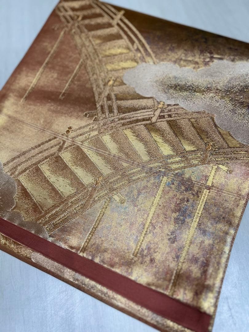 Japanese Silk Fukuro Obi Brown Gold Bridge Landscape 445cm Kimono Sash