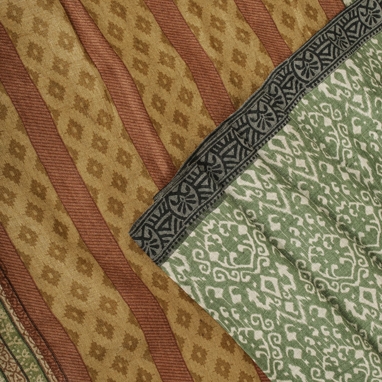 Sanskriti Vintage Saree Green 100%Pure Woolen Patola Ikat Print Fabric 6+Yd Sari