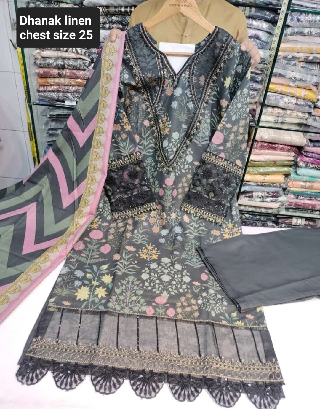 Dhanak Linen Printed And Embroidered 3 Pc Dress In Size 3xl. Chest Size 25