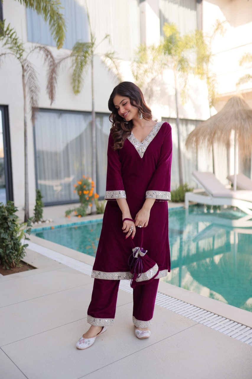 ReadytoWear Velvet Kurti Pant Set | Eid Party Outfit Zari Mirror | S M L XL XXL
