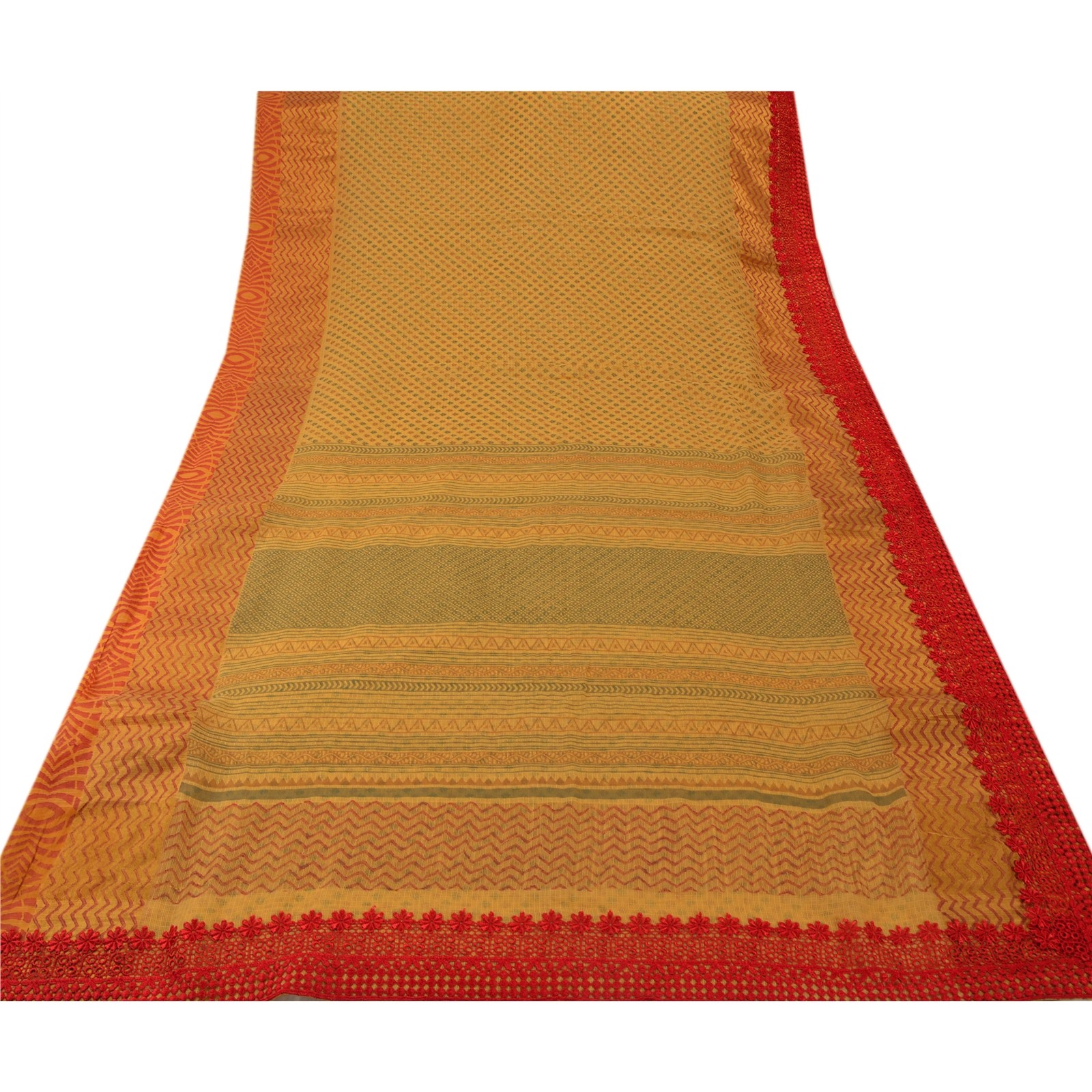 Sanskriti Vintage Sarees Cotton Embroidered Fabric Block Printed Kota 5 Yd Sari