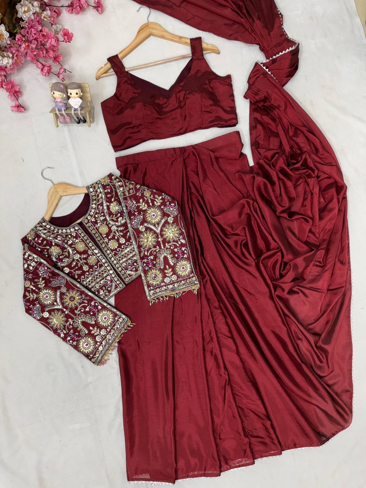 Women Maroon Embroidered Crop Jacket Blouse Palazzo Dupatta Set Designer Indo XL