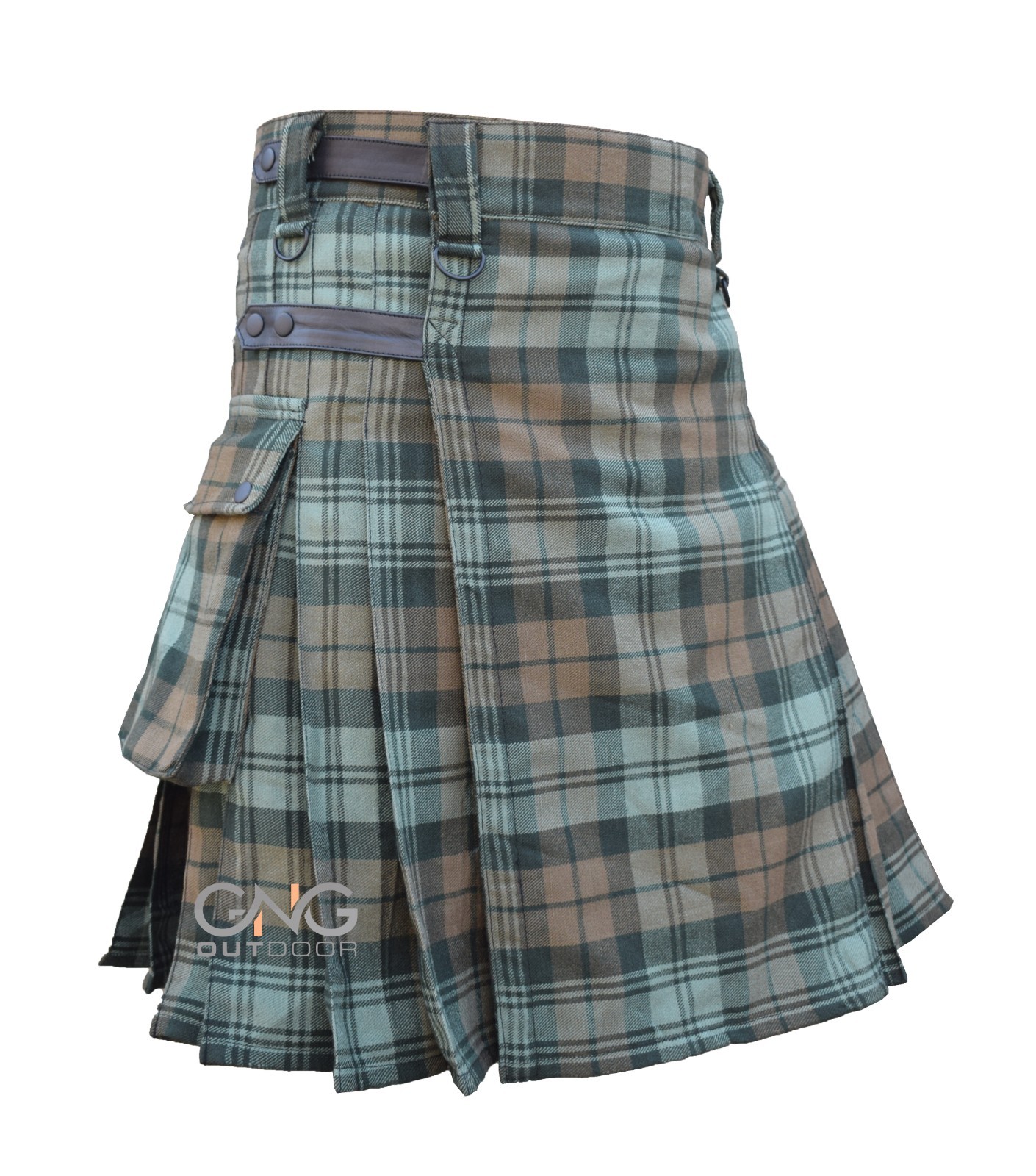 Men’s Scottish Gordon Weathered Tartan Leatherstrap kilt is made of Acrylic Wool