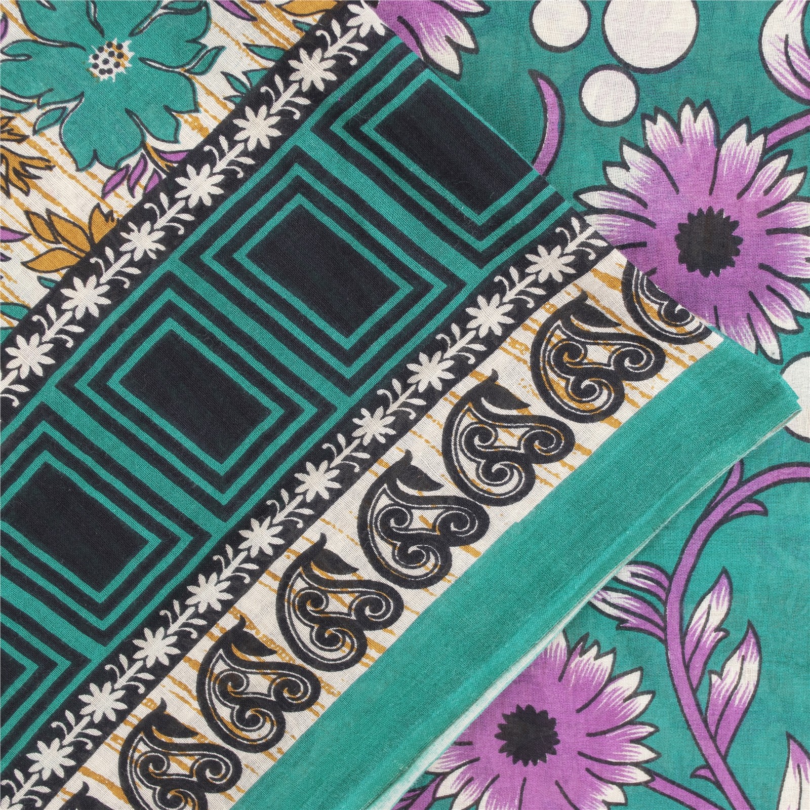 Sanskriti Vintage Sarees Indian Ivory Pure Cotton Printed Sari 5+Yd Craft Fabric