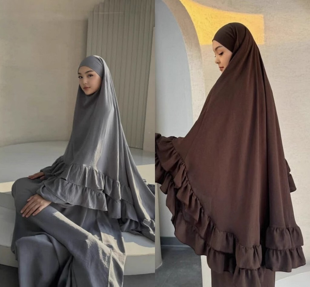 Women Muslim Solid Color Ramadan Robe Dress Set Arab Lotus Leaf Edge Big Turban