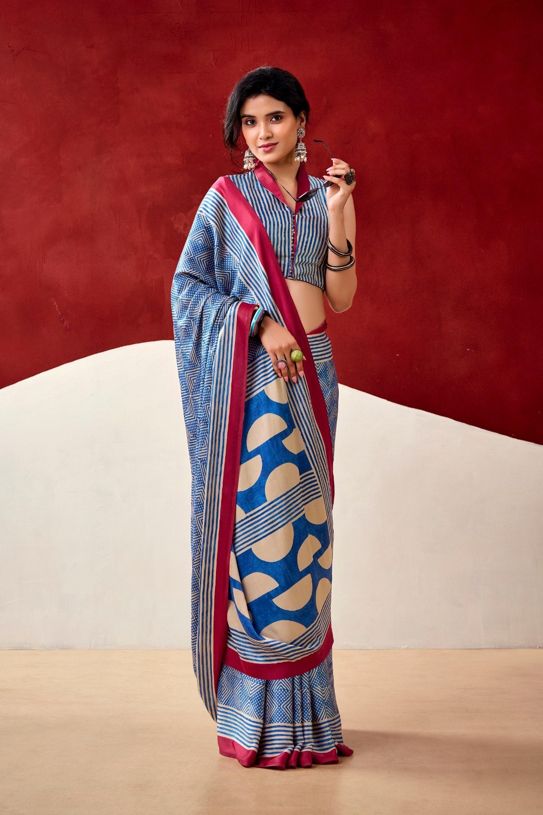Women saree Original Model Silk Digital Printed Blue Color With Blouse