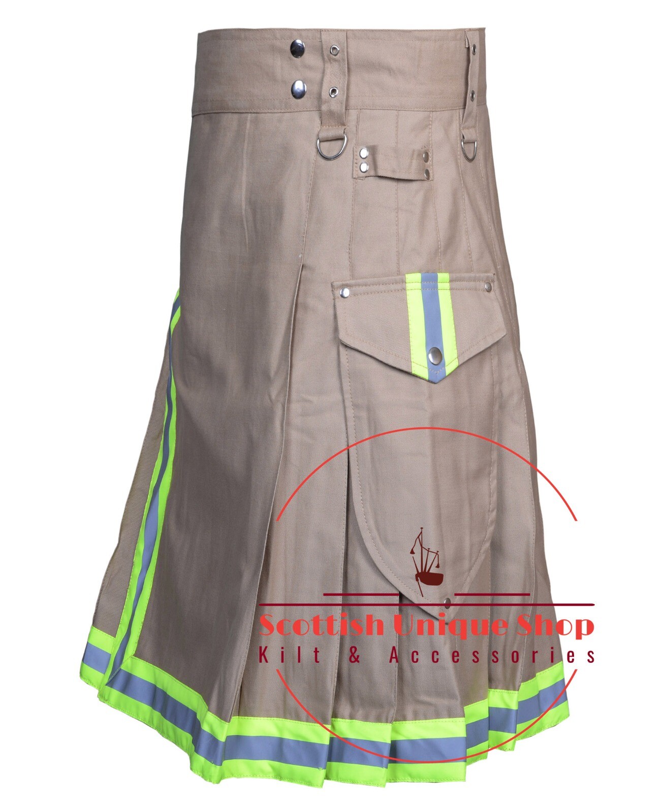 Scottish Handmade Khaki Cotton Firemen kilt – Fire fighter Utility Hybrid Kilt