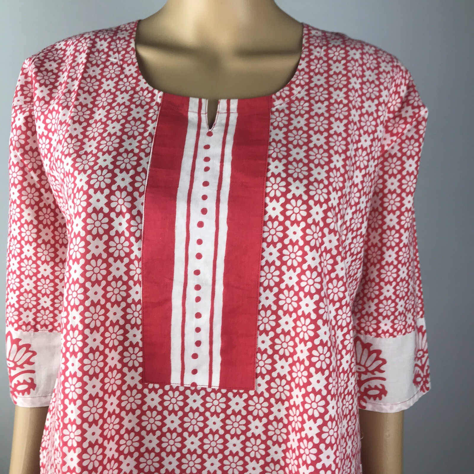Women’s Kurta Kurti Red/white Floral Print Long Tunic Coverup L NWOT