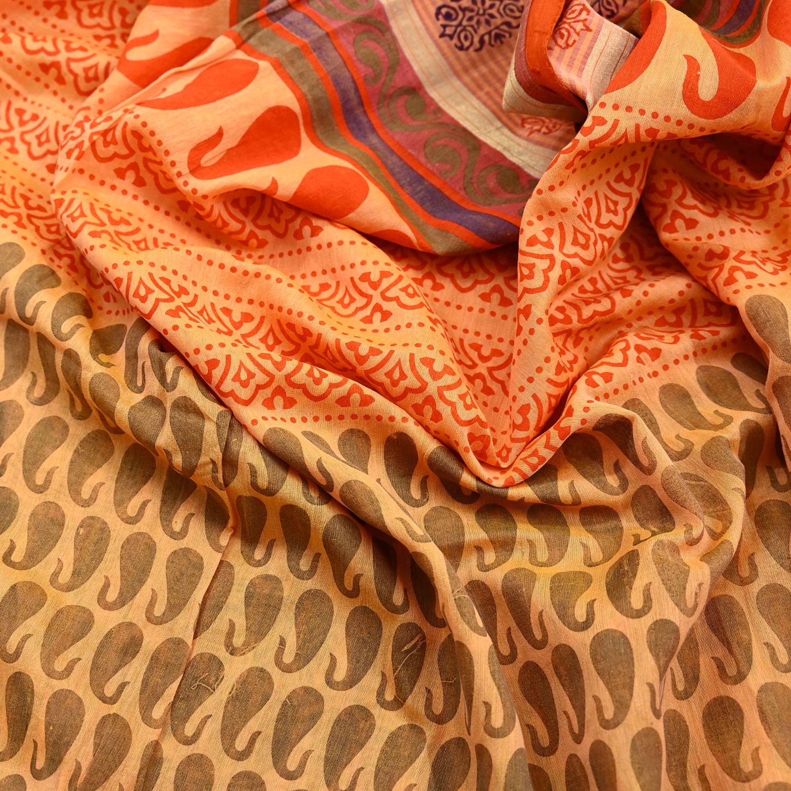 Indian Vintage Yellow Block Printed Pure Chanderi Silk Saree Floral Zari Fabric