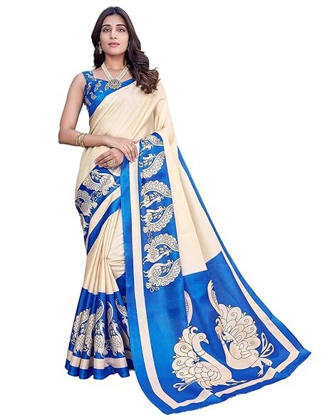 Women’s Cotton Silk Saree Beautiful Peacock Design Unstitched Blouse Pieces Blue