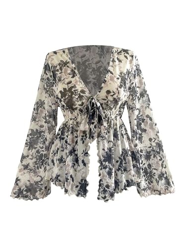 Women’s Plus Size Floral Bell Sleeve Ruffle Blouse 70s X-Large Plus Light Grey