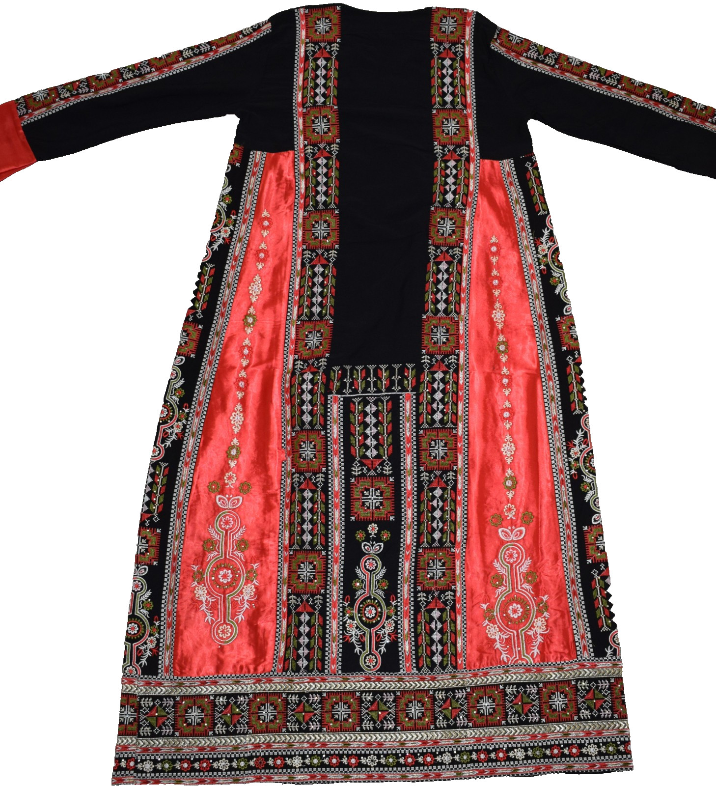 Palestinian Tatreez Thobe – Red Satin Panel & Embroidered Maxi Dress – Abaya