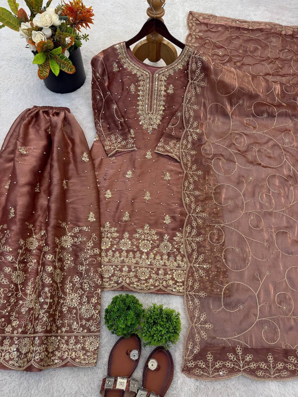 New Designer Heavy Silk Brown Top Palazzo With Dupatta For Indian Party Wear