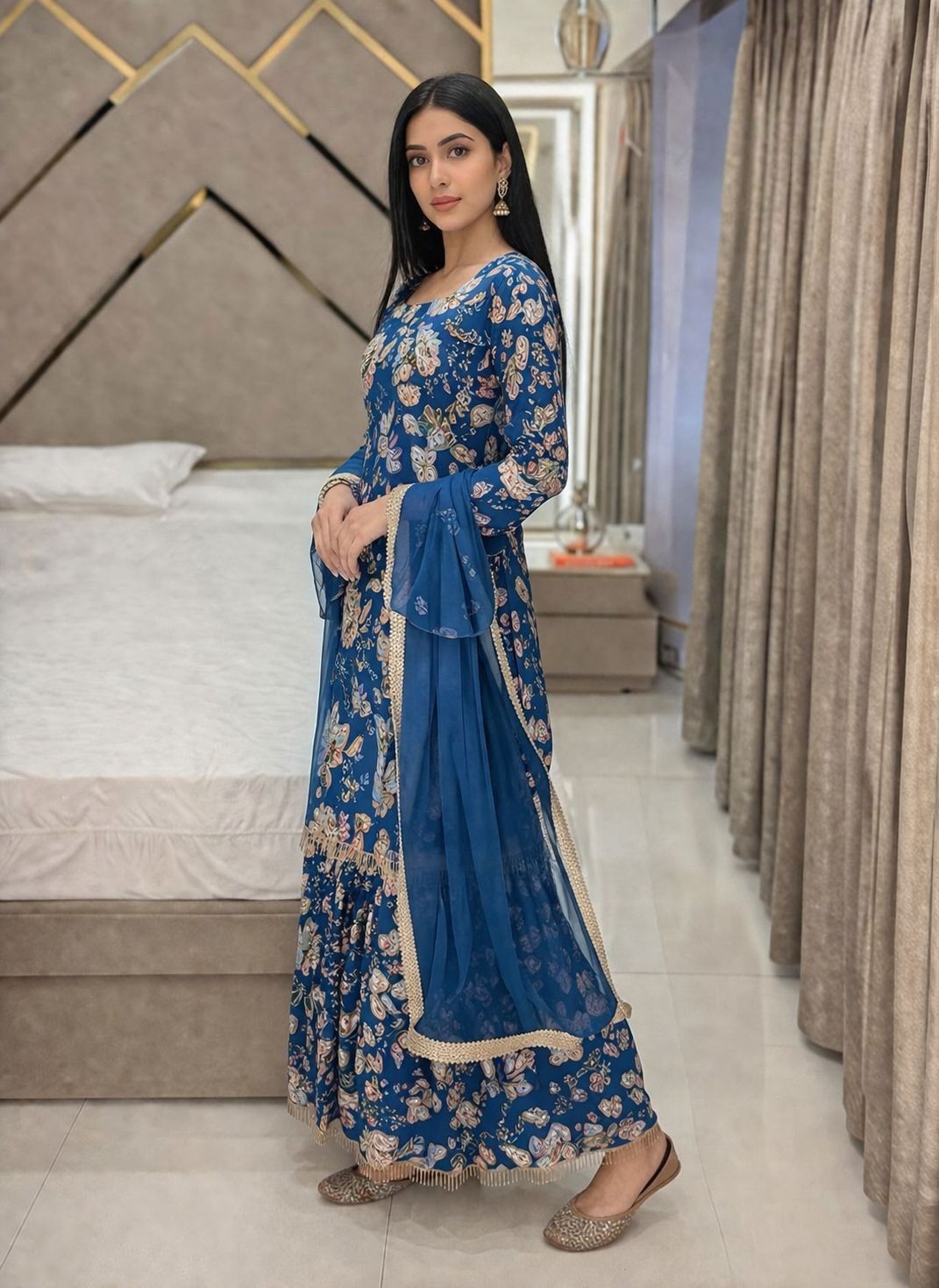 Designer Traditional New Look Stitched Silk Muslin Fabric Kurti Bottom & Dupatta
