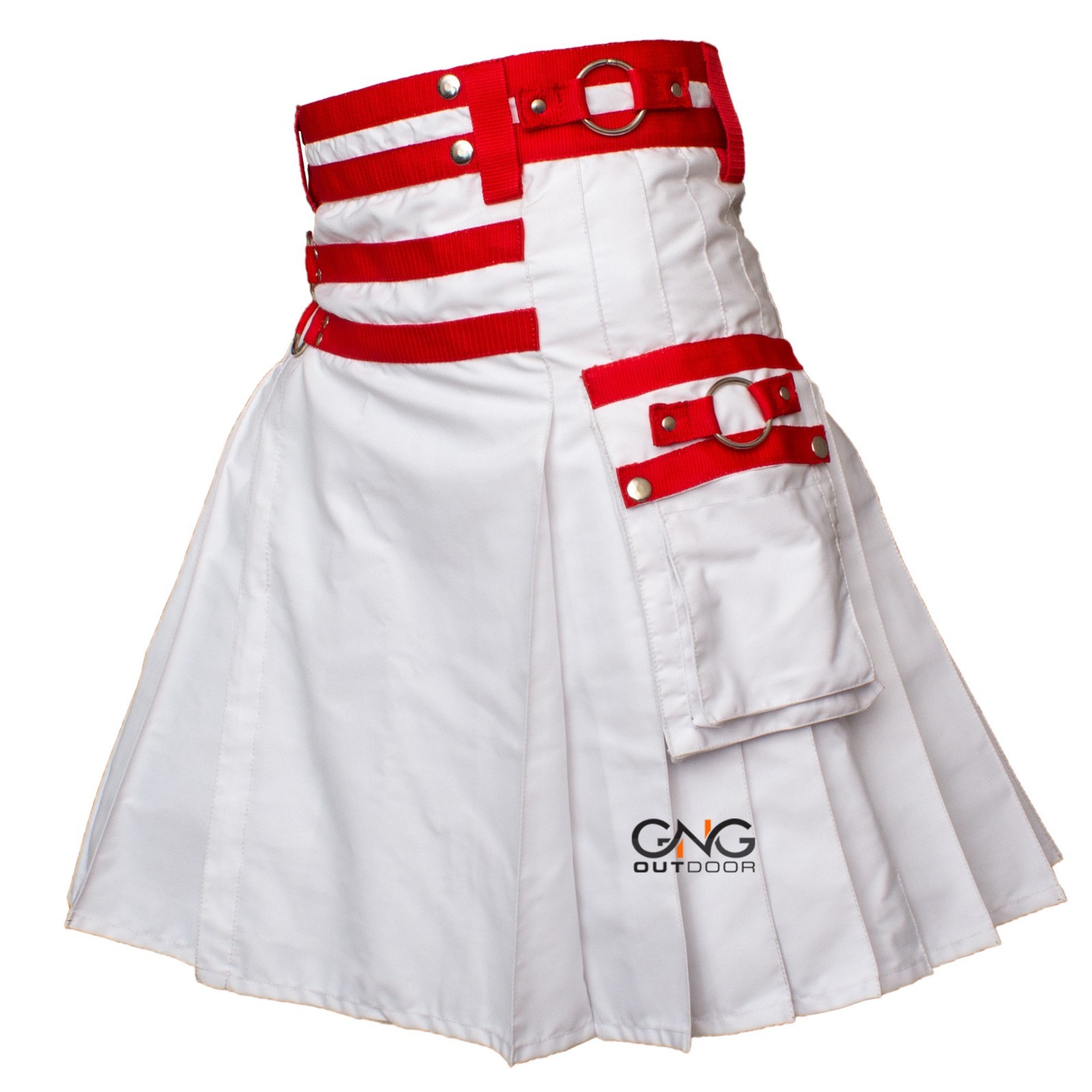 Men’s Scottish White and Red Strap Utility kilt Modern Fashion Highland kilt