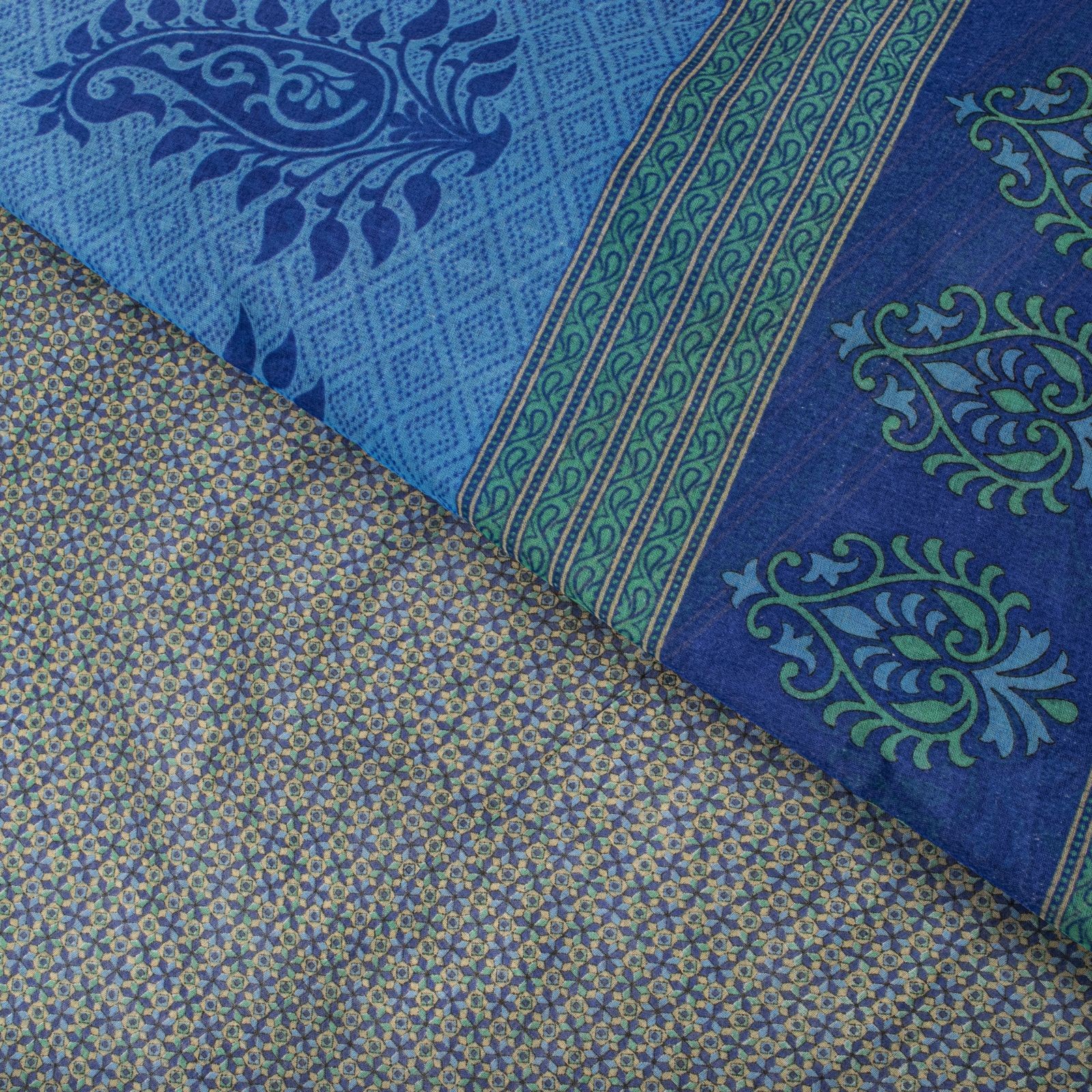 Sanskriti Vintage Saree Blue Pure Cotton Geometric Printed Fabric 5+Yard Sari