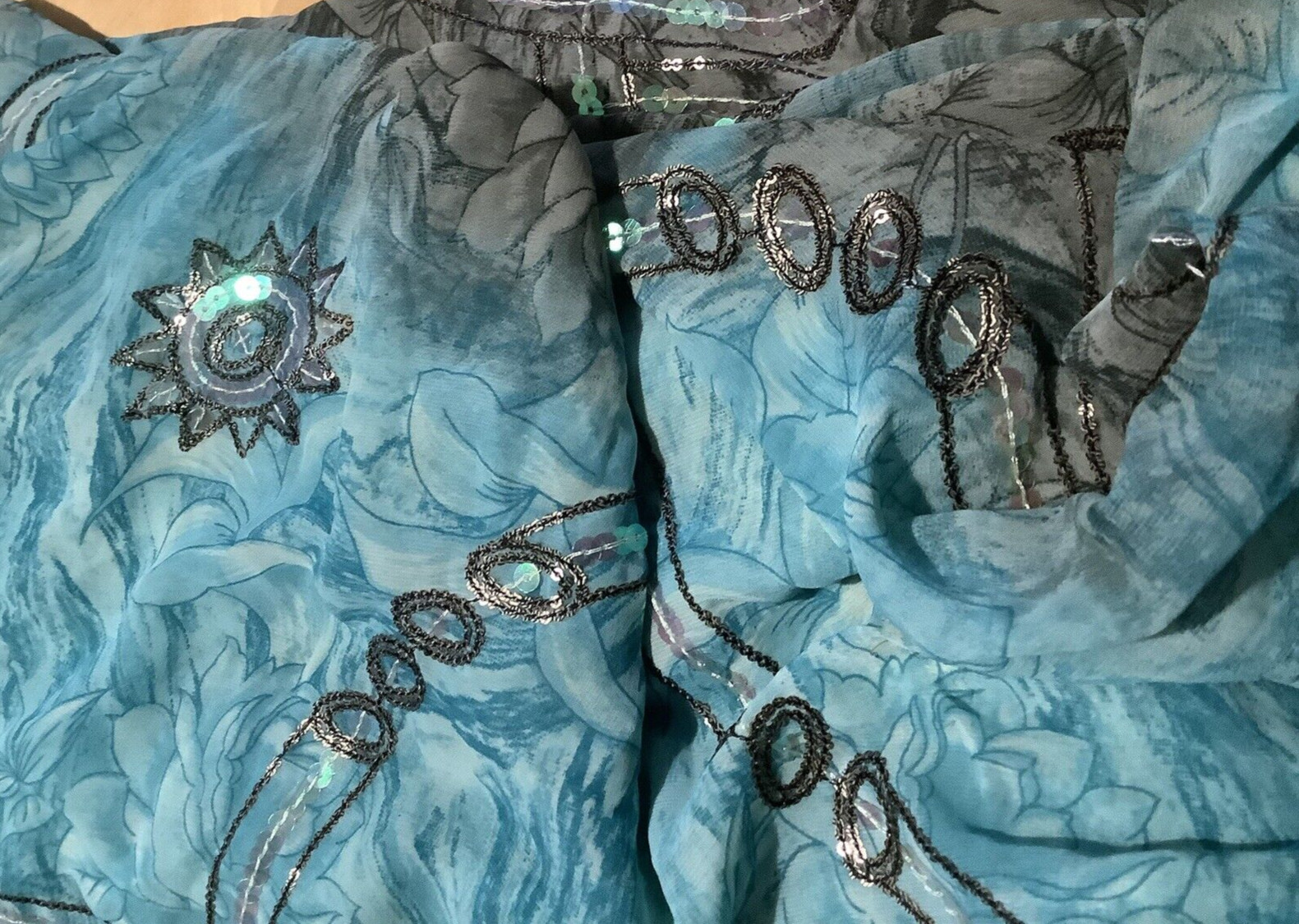 Indian Women Aqua Blue & Gray-Green Sequins Saree/Sari Wrap Dress