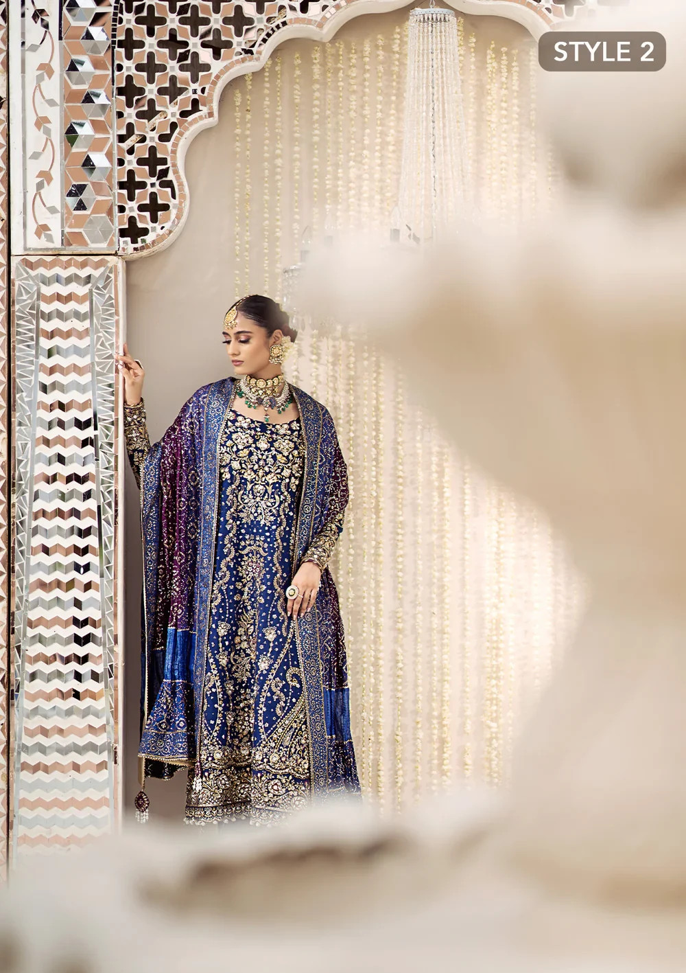 dark blue color hand embroidered wedding bridal long dress