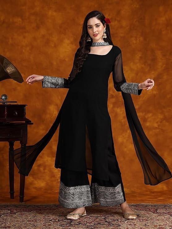 Women Indian Black Georgette Kurta Top With Trousers , Kurti, Pants & Dupatta