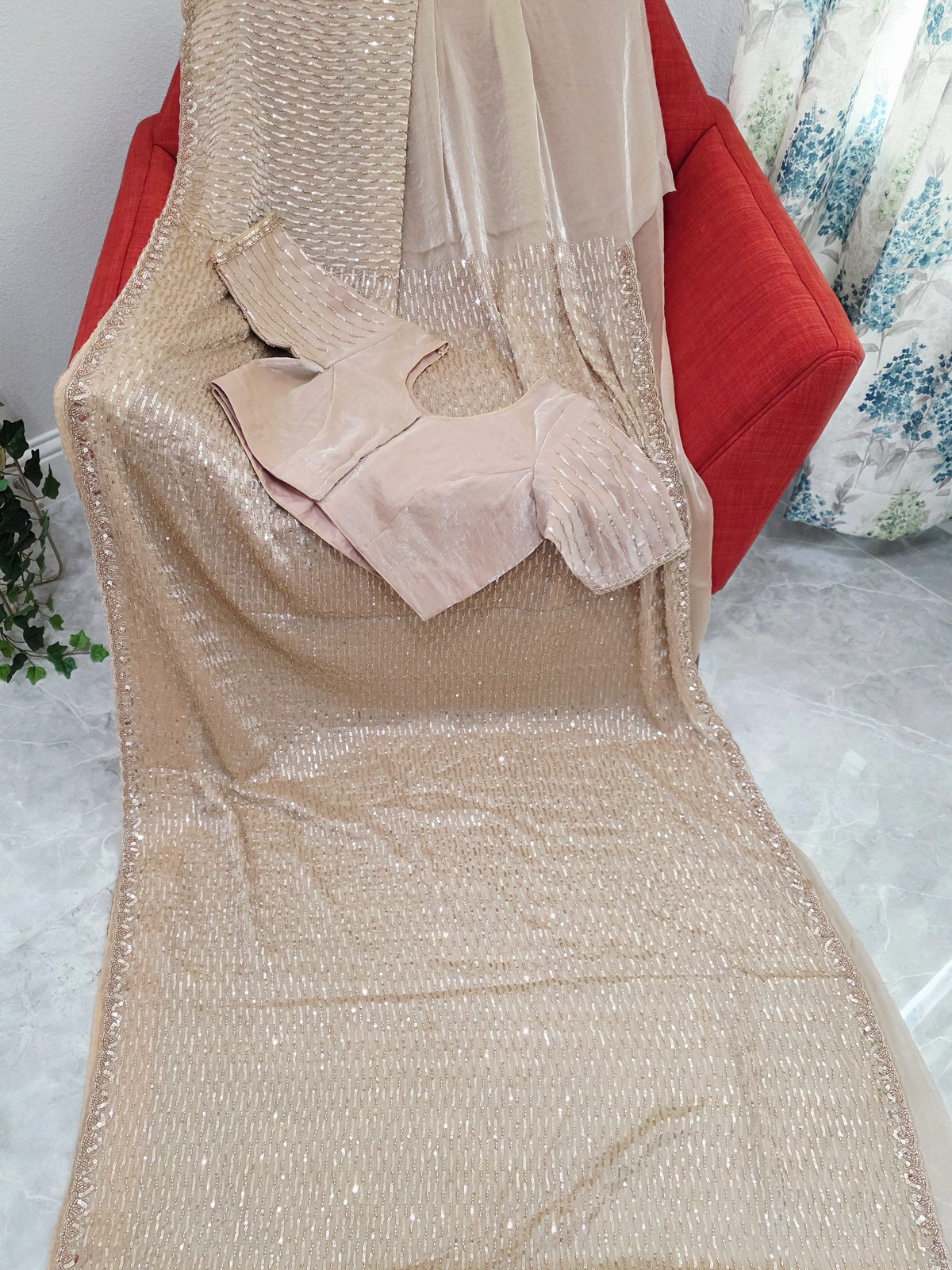 Champagne Ivory Space Silk Sequin Saree Stitched Blouse Cocktail Party 40-46