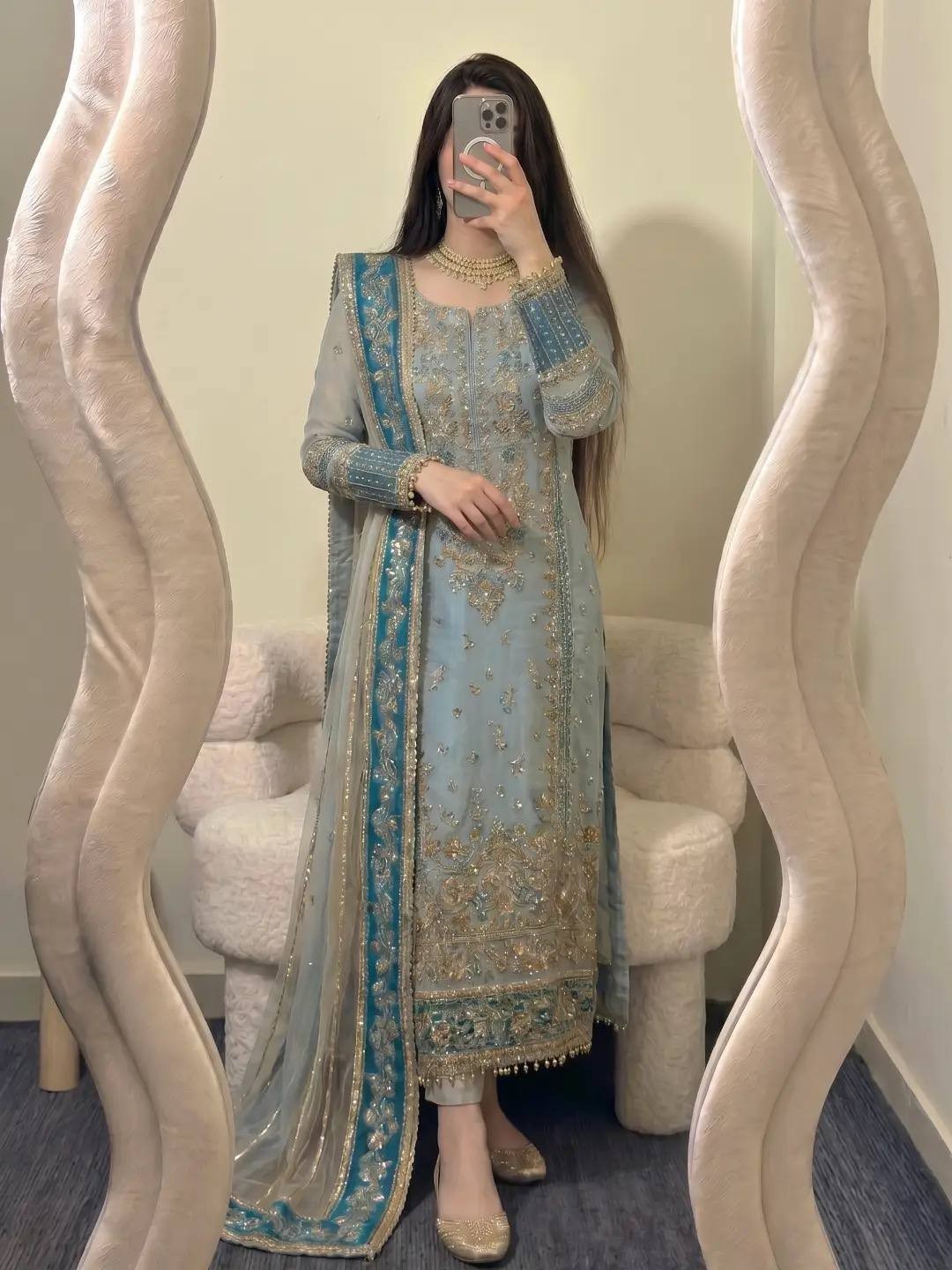 Attractive Look Faux Georgette Teal Blue Salwar Kameez With Dupatta For Festive
