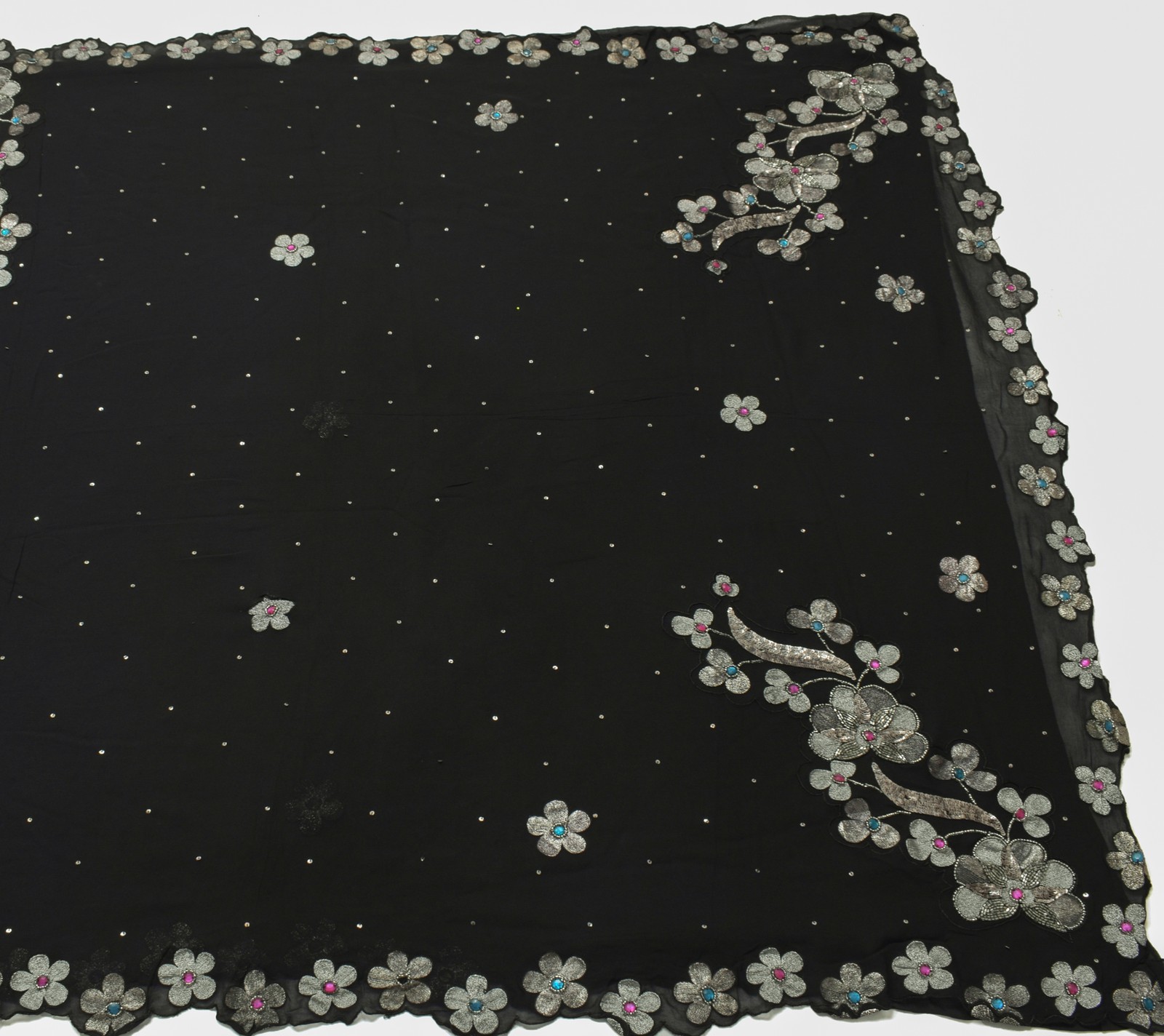 Sushila Vintage Black 100% Pure Georgette Silk Cutwork Saree Floral Craft Fabric