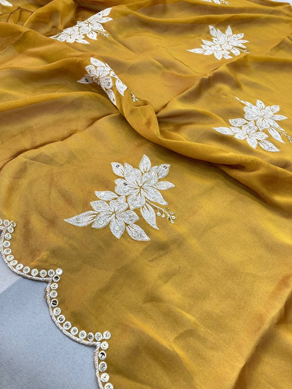 Traditional Indian Silk Saree Embroidered Cutwork Border Party Wear Wedding Sari