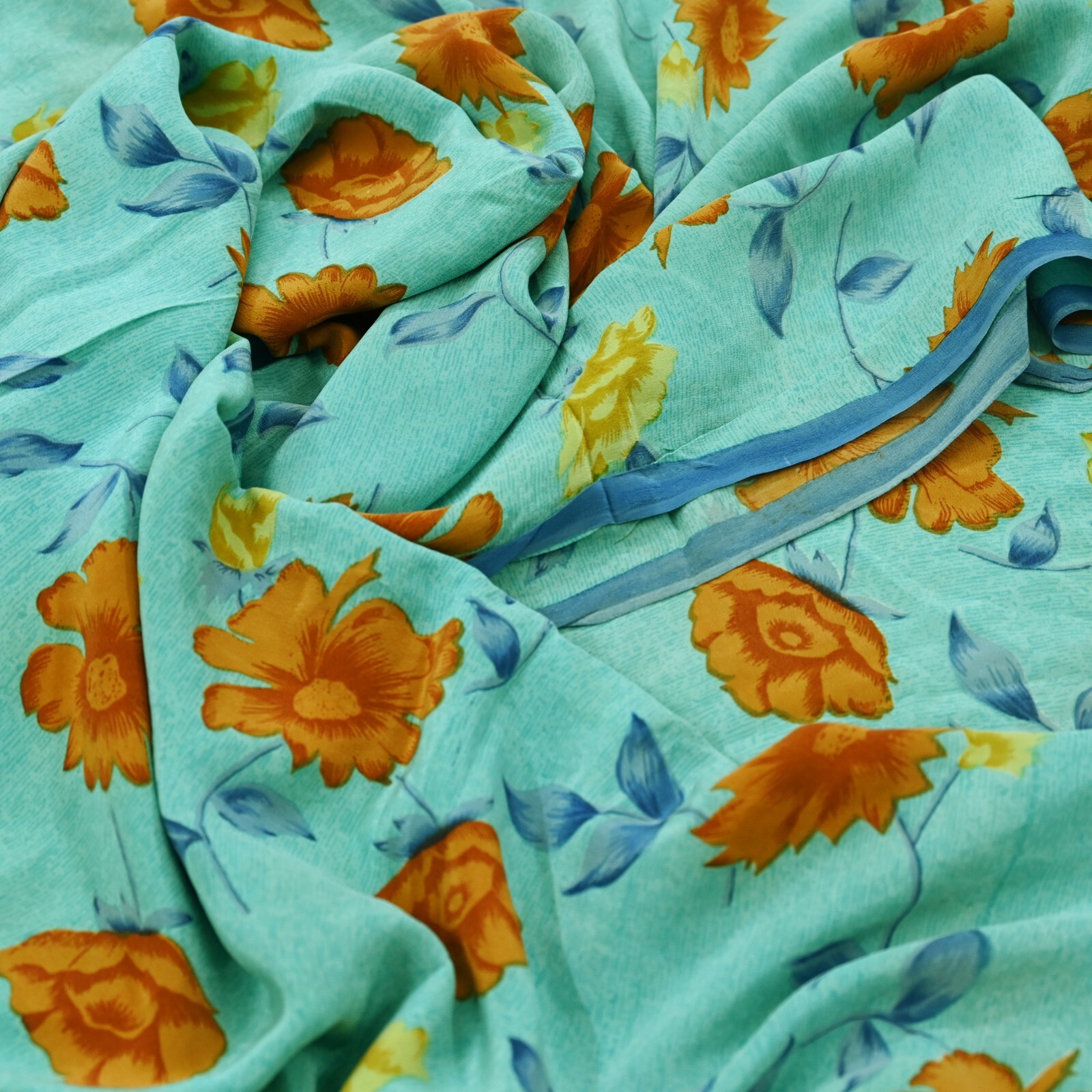 Vintage Sari Blue & Green Pure Crepe Silk Printed Saree 5yd Sewing Floral Fabric