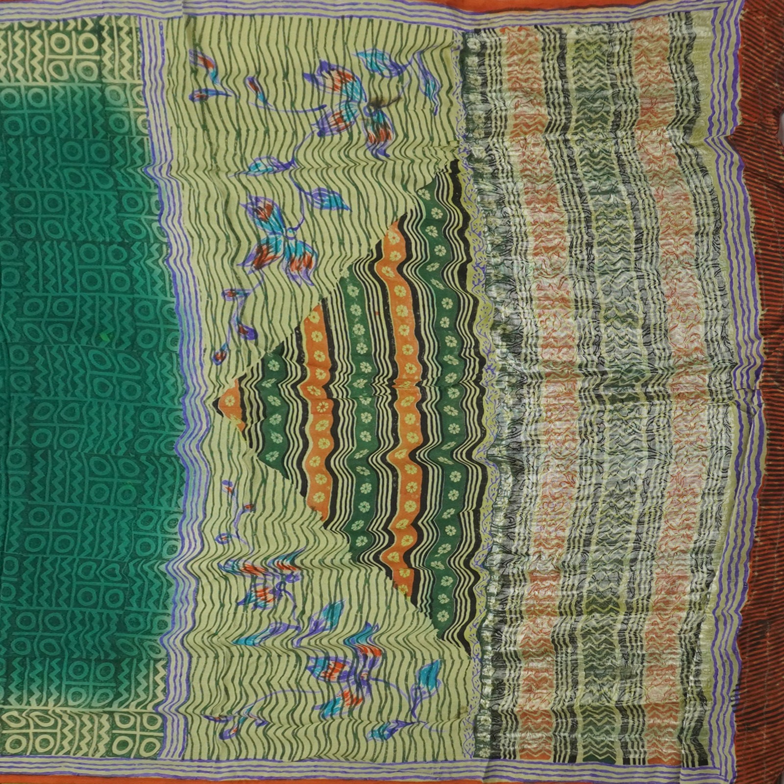Vintage Green Sarees 100% Pure Crepe Silk Printed Woven Sari 5YD Craft Fabric