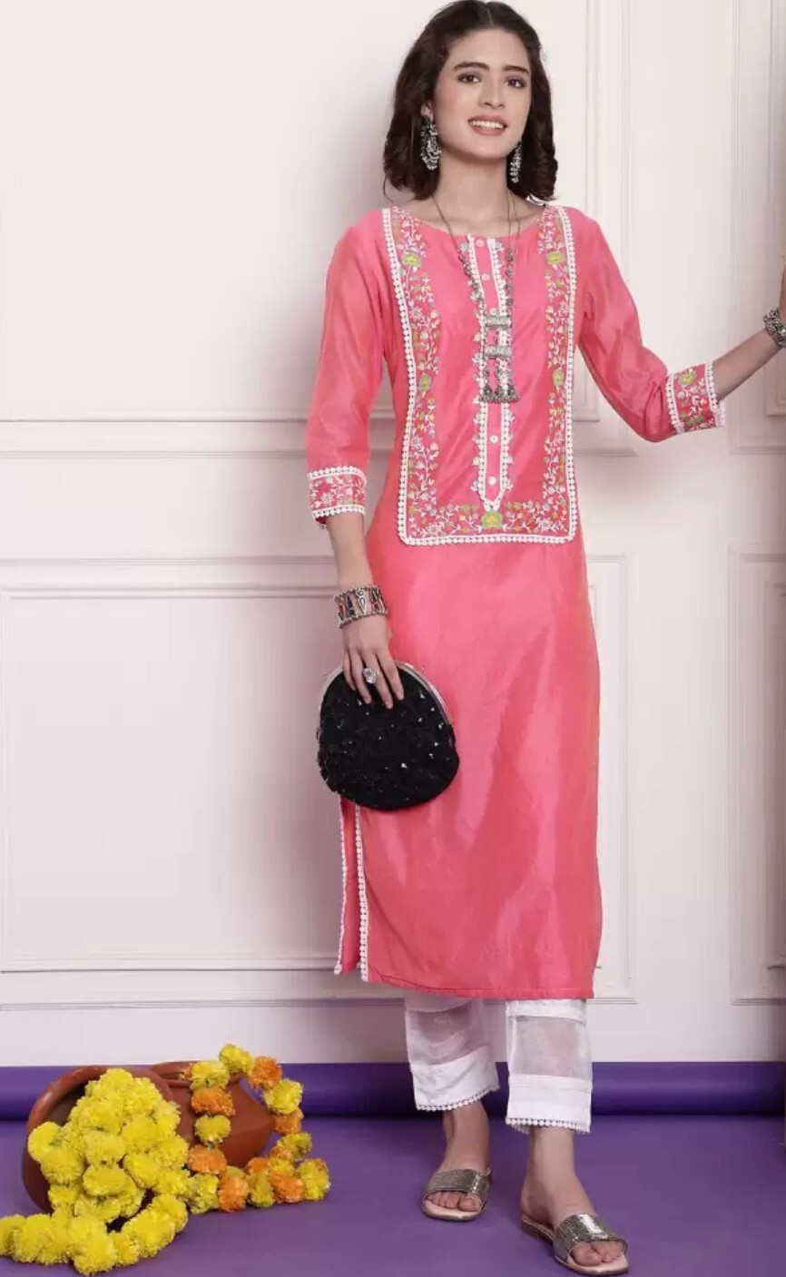 indian dresses women kurti; Women Floral Printed York design lace details Kurta