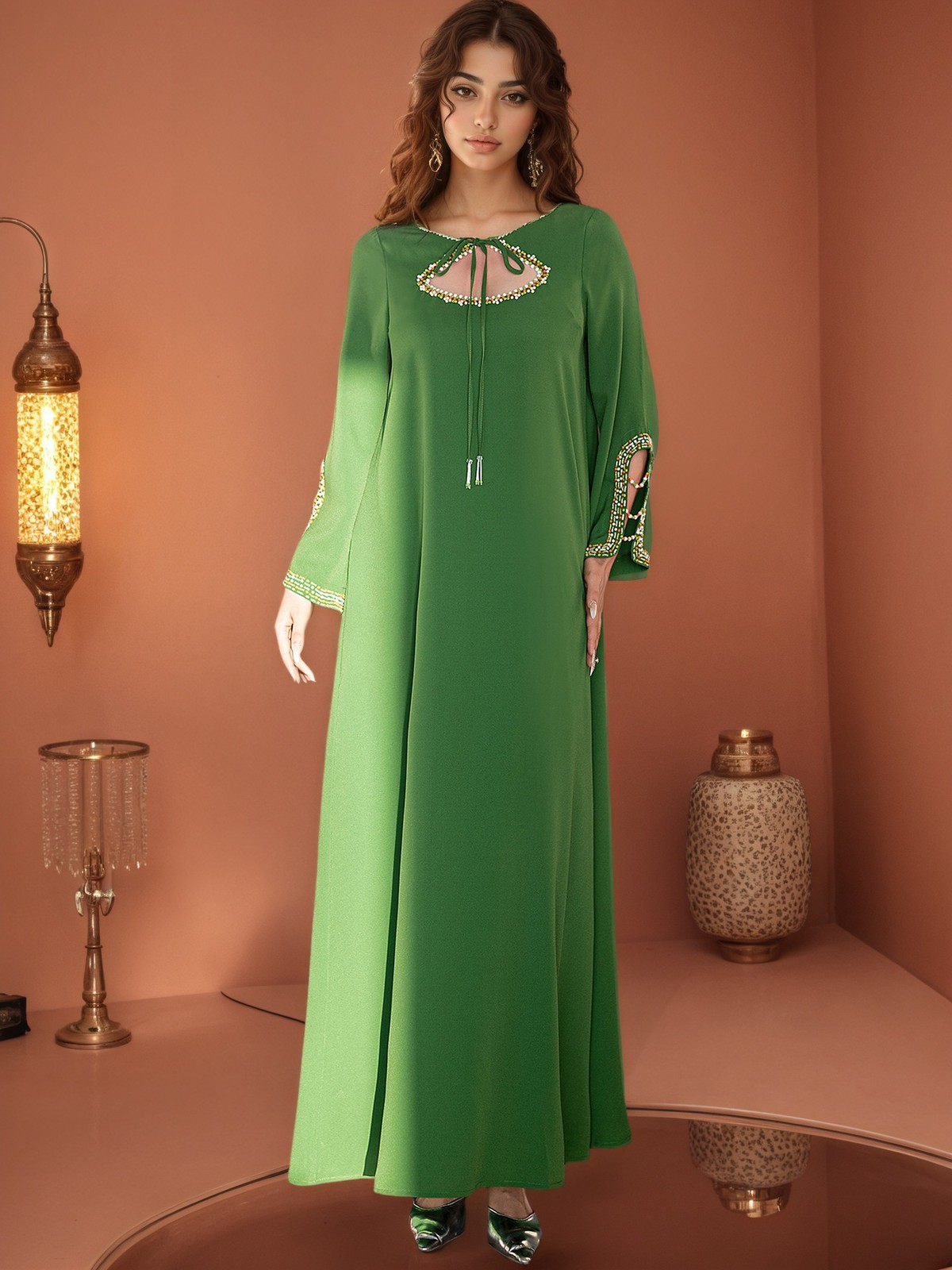 New Women Beaded Dress Elegant Arab Loose Abaya Muslim Kaftan Dubai Party Gown