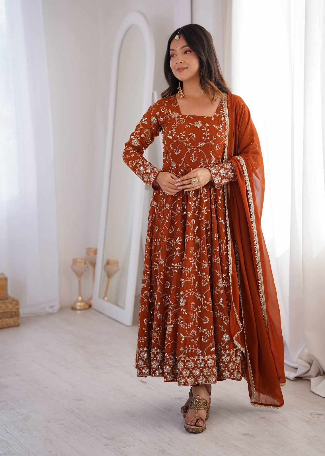 Designer Faux Georgette Orange Gown Bottom With Dupatta For Indian Party Wear