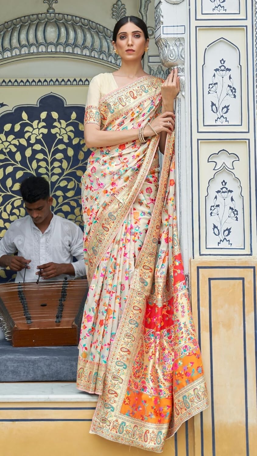 White Kashmiri Kanjivaram Pure Soft Silk Handloom Saree Pure Golden Zari